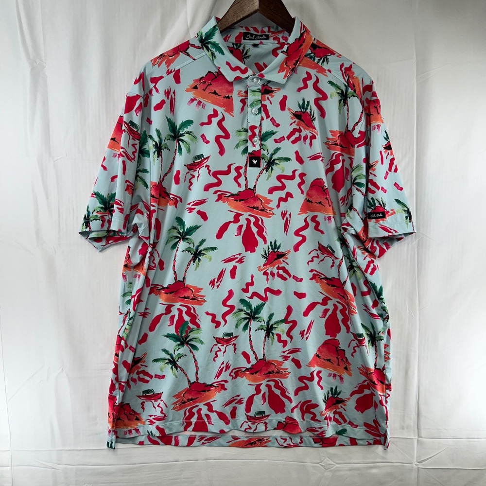 Bad Birdie Golf Polo Mens 2XL Light Blue Red Tropical Island Palm Tree Print